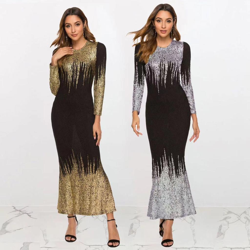 Elegant Long Dresses with Long Sleeves and Gradient Sequins Plus Size Evening Dresses Slim Fit Round Neck Mermaid with Gold Stamped