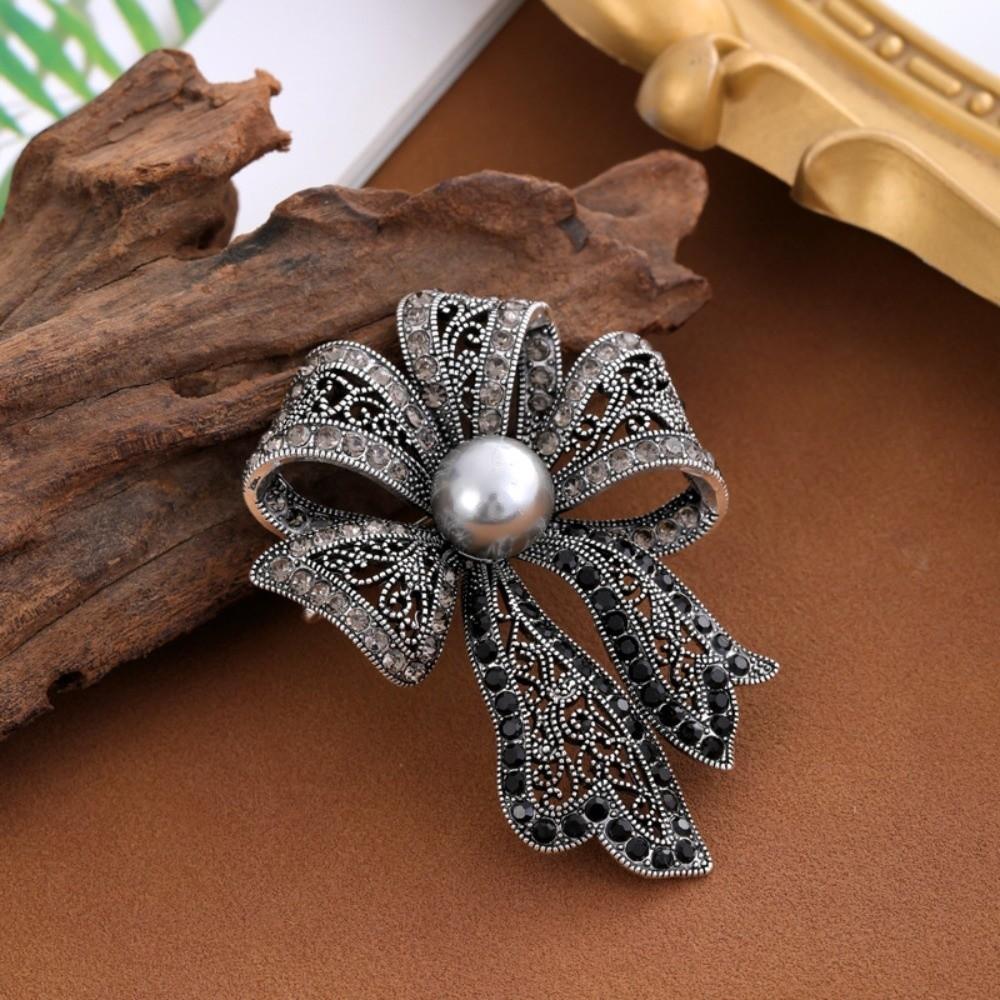 Corsage Ornament Bow Brooch French Style Black Brooch Uniform Fully-rhinestone Pin Gift