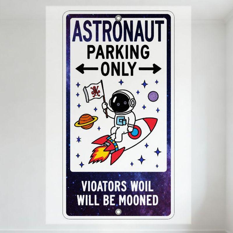 Astronaut Parking Only Metal Tin Sign with Cosmic Pattern, Funny 'Violators Will Be Mooned' Space Themed Sign for Home Bar Man C