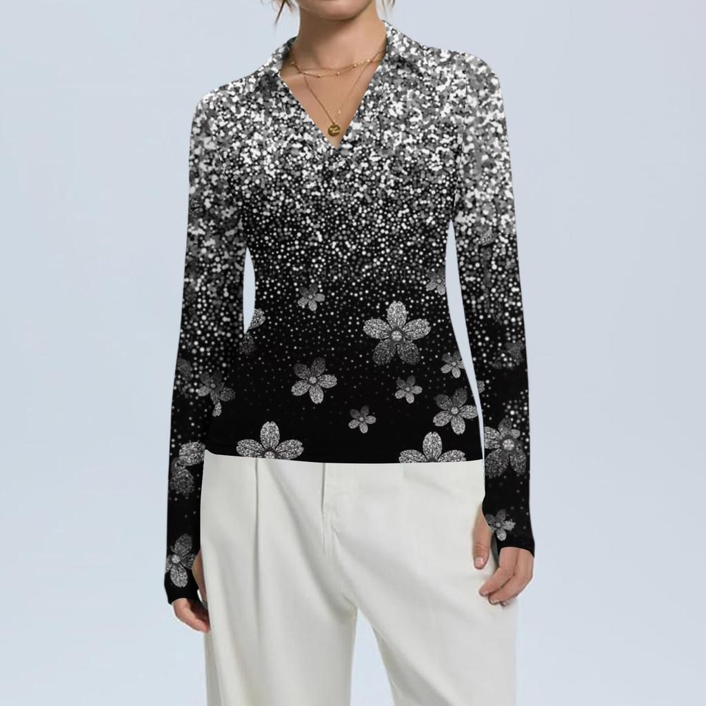 Женская Мода Повседневный Принт V-образный Вырез Длинный Рукав Застежка на Пуговицы Топ