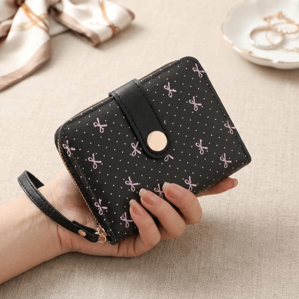 Zipper Closure Leather Short Wallet Multifuctional Bow Coin Purse Polka Dots Wallet For Girls