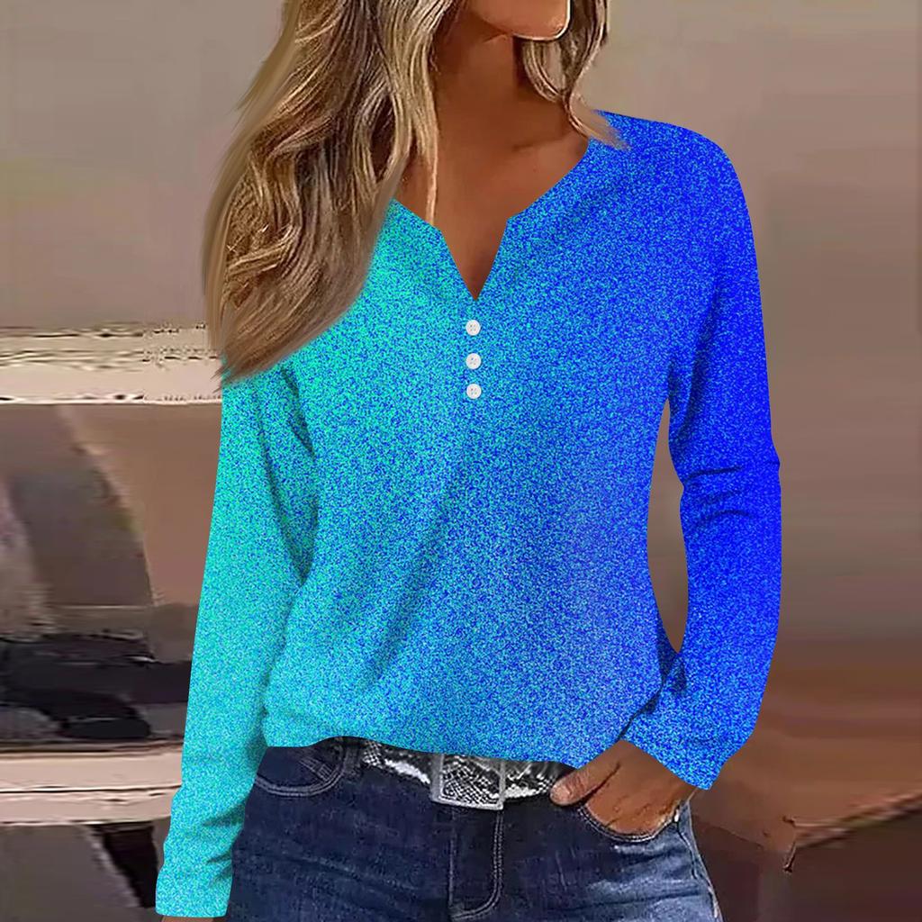 Женская модная повседневная футболка с v-образным вырезом и длинным рукавом с принтом на пуговицах, топы