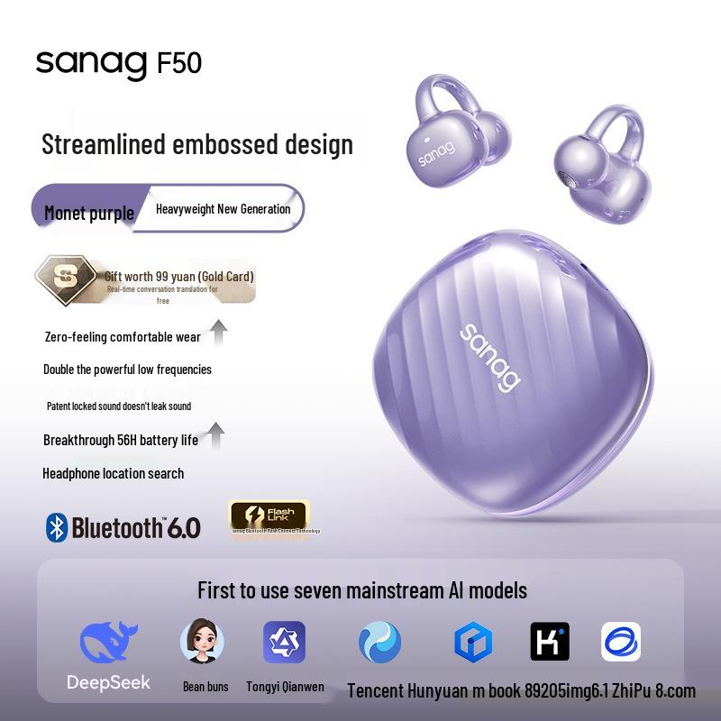 SANAG Sena F50S AI Ear-Clip Bluetooth Bone Conduction Headphones: Noise Reduction, Comfortable, Perfect for Running.