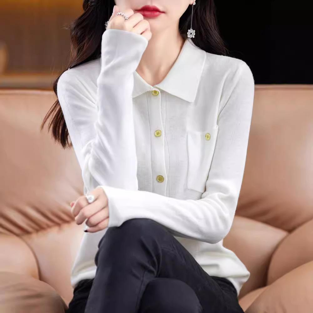 Рубашка поло с длинным рукавом, женский свитер, осенний прямой трикотажный топ с лацканами