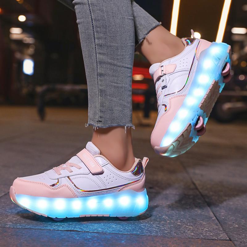 Kid's Lights Sports Shoes Rubbing Shoes Solid Magic Patch Can Charging Double-row Four-wheel Slide Shoes