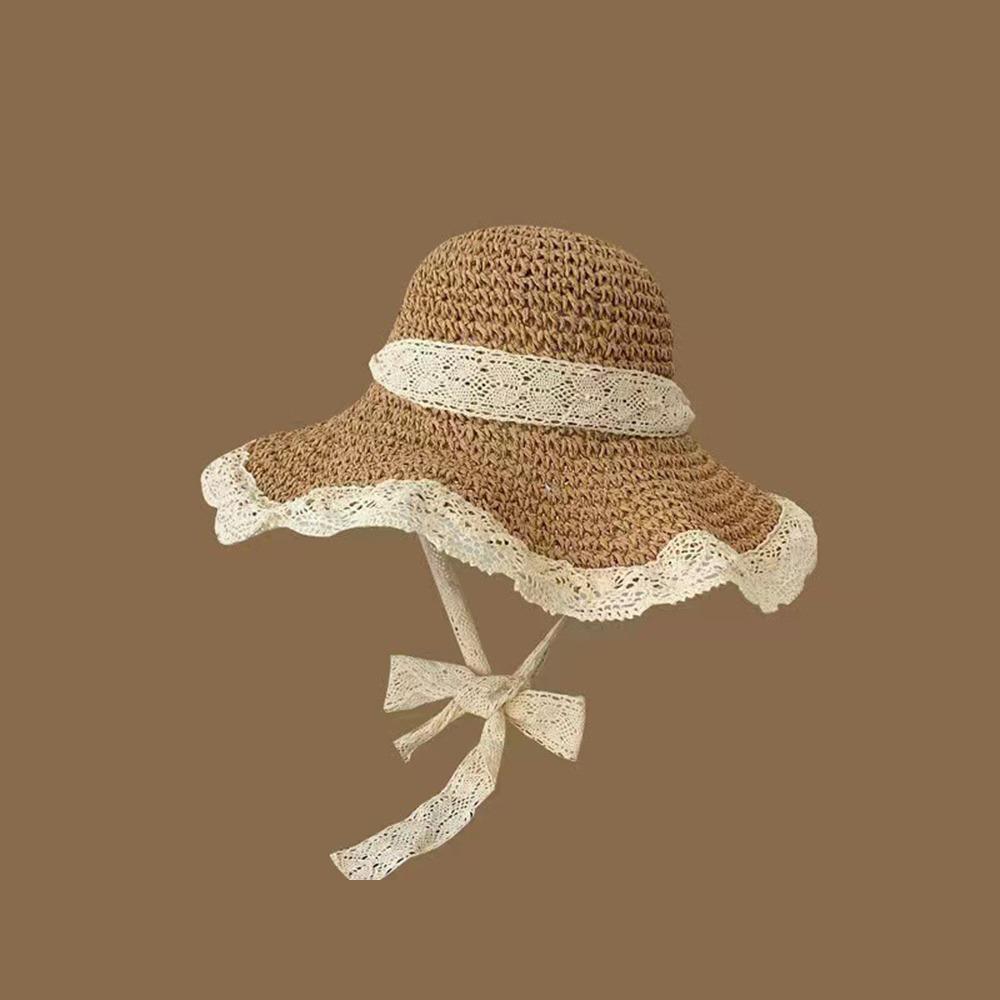Пасторальный стиль Шляпа от солнца с широкими полями Кружевная кепка с защитой от УФ-лучей Складная женская соломенная шляпа Женская