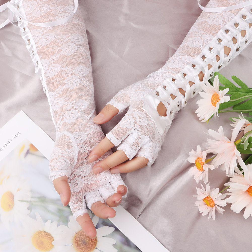 Pair Women Fingerless Party Cosplay Ritual Dance Gothic Gloves Silk Ribbon Punk Mittens Lace Gloves