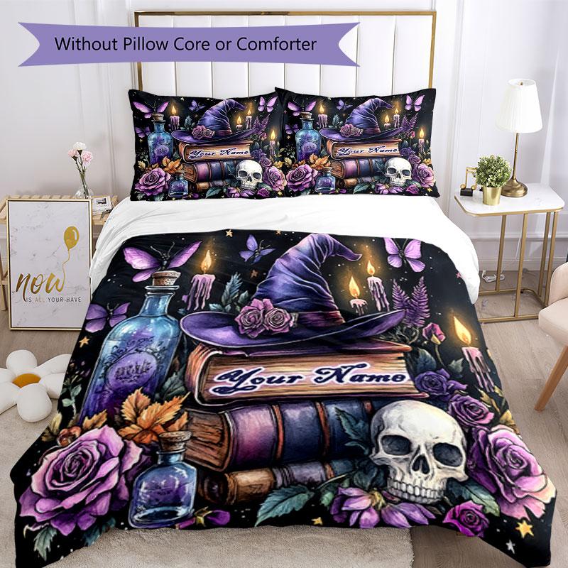 3pcs Custom Name Witchcraft Magic Bedding Set Printed Bedding Set Duvet Cover Closure Includes 1 Duvet Cover & 2 Pillowcases Bedroom Decor