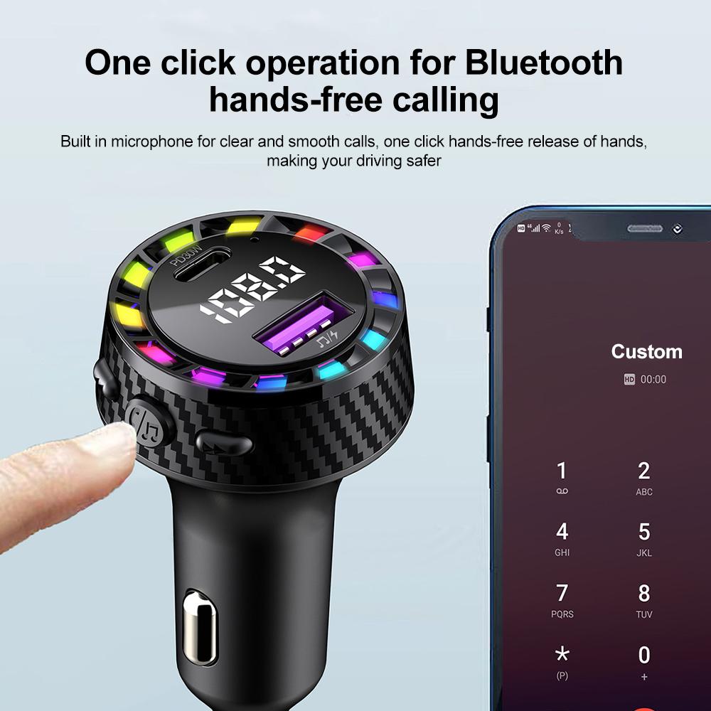 Car Charger USB Port Fast Charging Adapter with LED Light Voltage Monitor FM Bluetooth Transmitter for IPhone Samsung OPPO