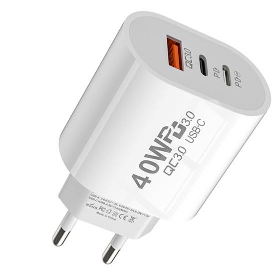 Дорожный адаптер-зарядное устройство 40 Вт, двойной PD Type-C/USB-порты, многоуровневая защита, штепсель EU, компактная, надежная головка зарядного устройства