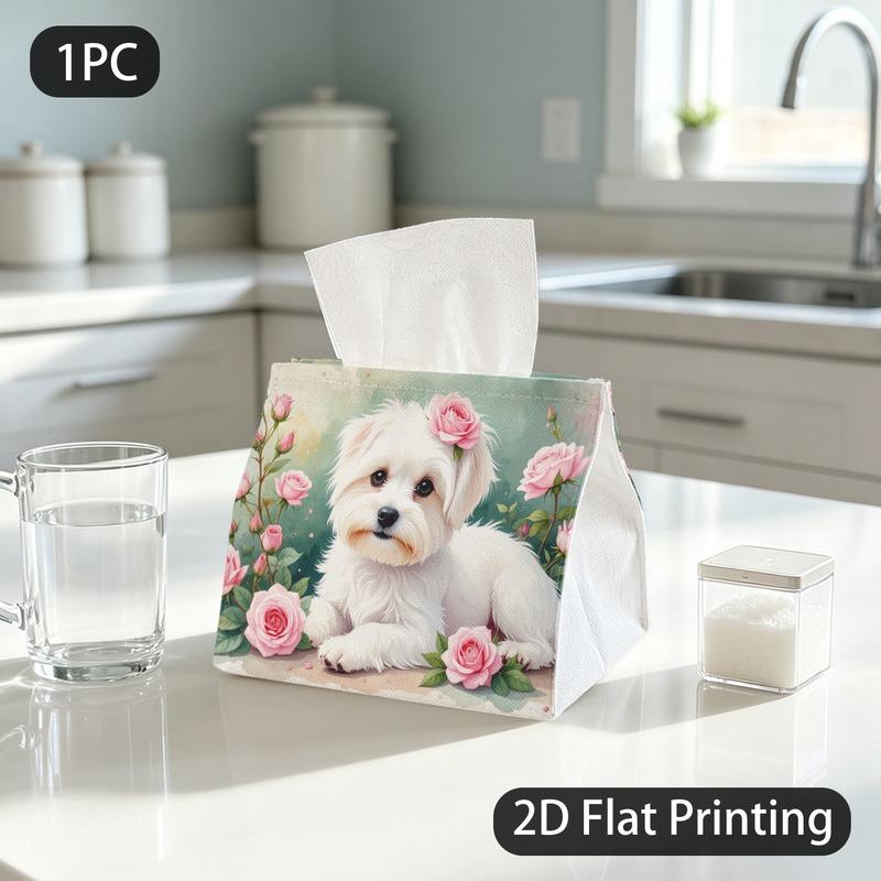 1pc Tissue Box, Watercolor Maltese Dog Roses Sweet Gentle Pattern, 2D Flat Printing, Serves Multiple Purposes, Folds Flat, Tissue Pouch, for Bedroom,