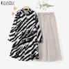 Women Zebra Print Long Blouse and Pants Casual Two Piece Sets