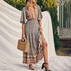 Женское платье в этническом стиле с принтом в стиле бохо, V-образным вырезом, короткими рукавами, эластичным поясом, плиссированными пэчворк-платьями макси, летнее пляжное платье для отдыха