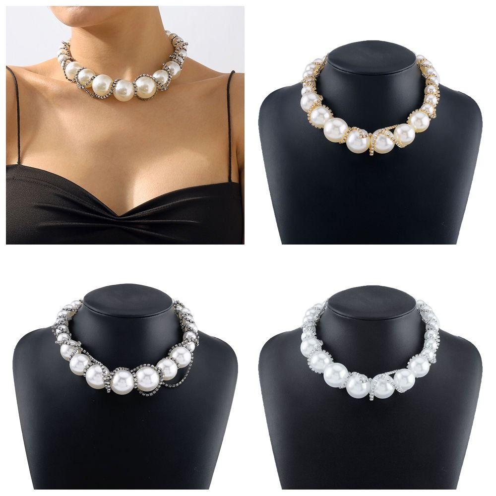 Цепочка на шею Ожерелье со стразами Корейский стиль Преувеличенное ожерелье Ретро Чокер с крупной жемчужиной Женский