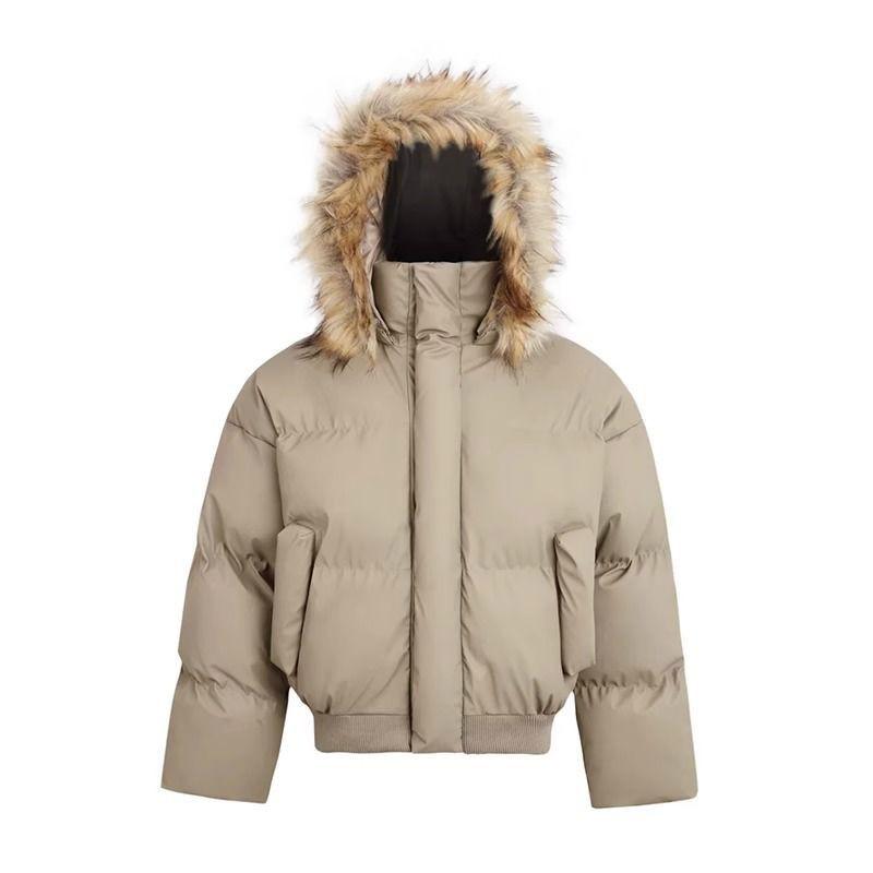 Womens Oversized Hooded Puffer Jacket With Faux Fur Trim Winter Warm Cotton-Padded Coat Short Length