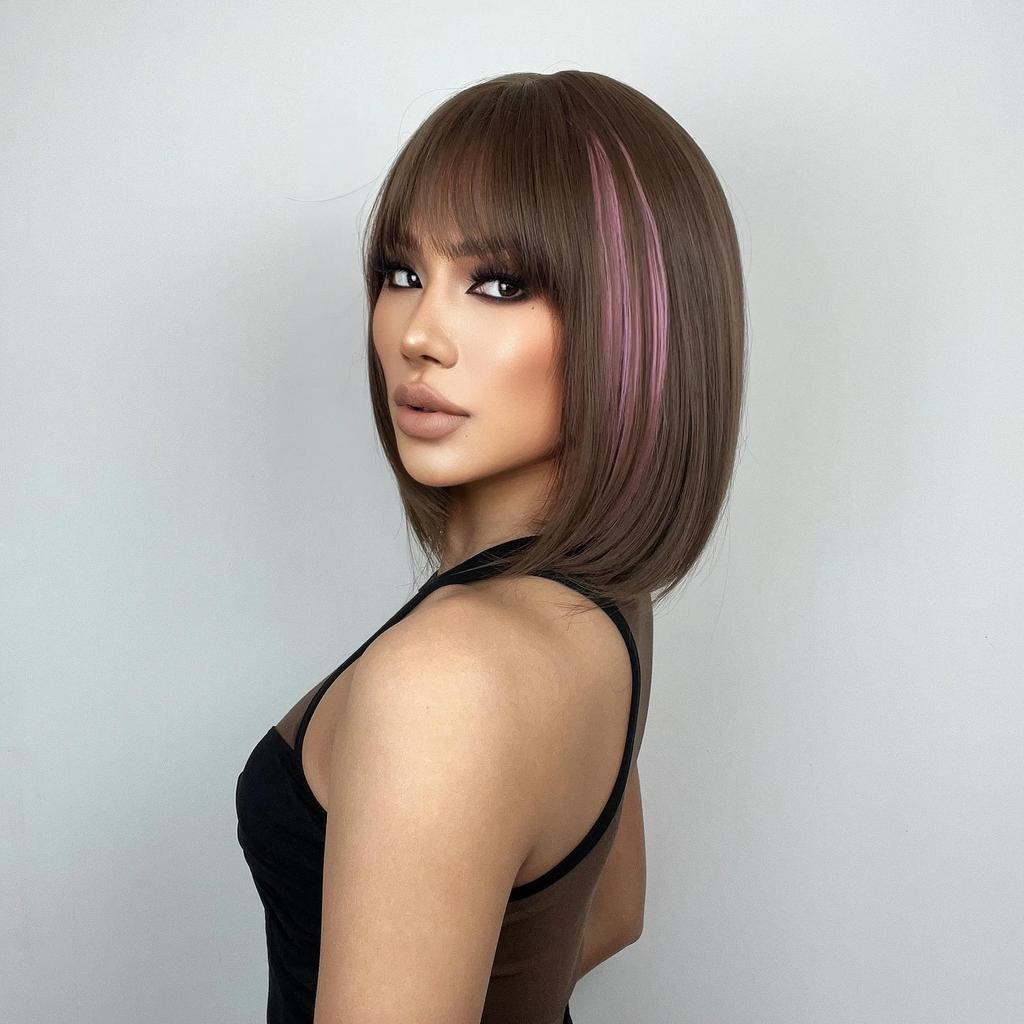 ALAN EATON Короткий коричневый парик боб для женщин, розовый парик пикабу с челкой, прямые волосы длиной до плеч, термостойкий парик