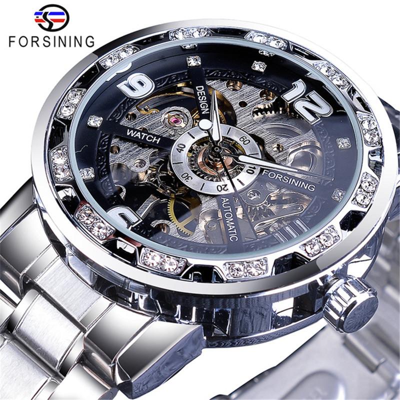 Forsining Часы Мужские модные повседневные классические поп-ажурные стразы с ручным управлением Механические часы
