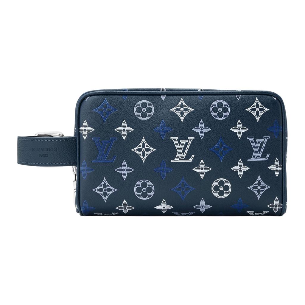 Louis Vuitton Кожаная косметичка Monogram Shadow с канвой, унисекс, морской синий M28835