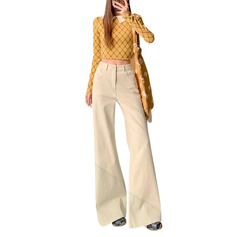 Khaki old money wind slightly pull jeans women's spring new milk tea high waist non-stick leg flared pants