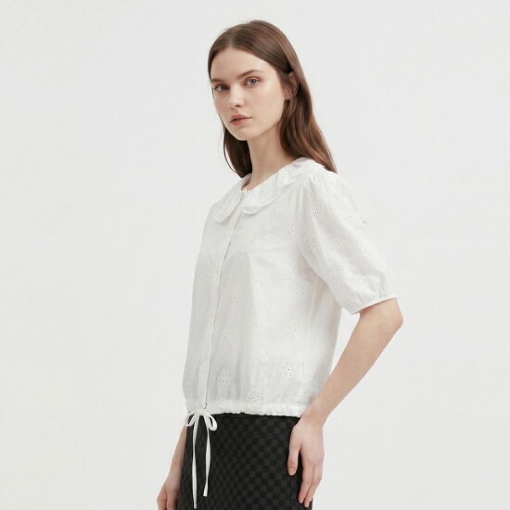Shop Women Round Collar Neck Daisy Embroidered Short Sleeve Blouse Ivory Mse W