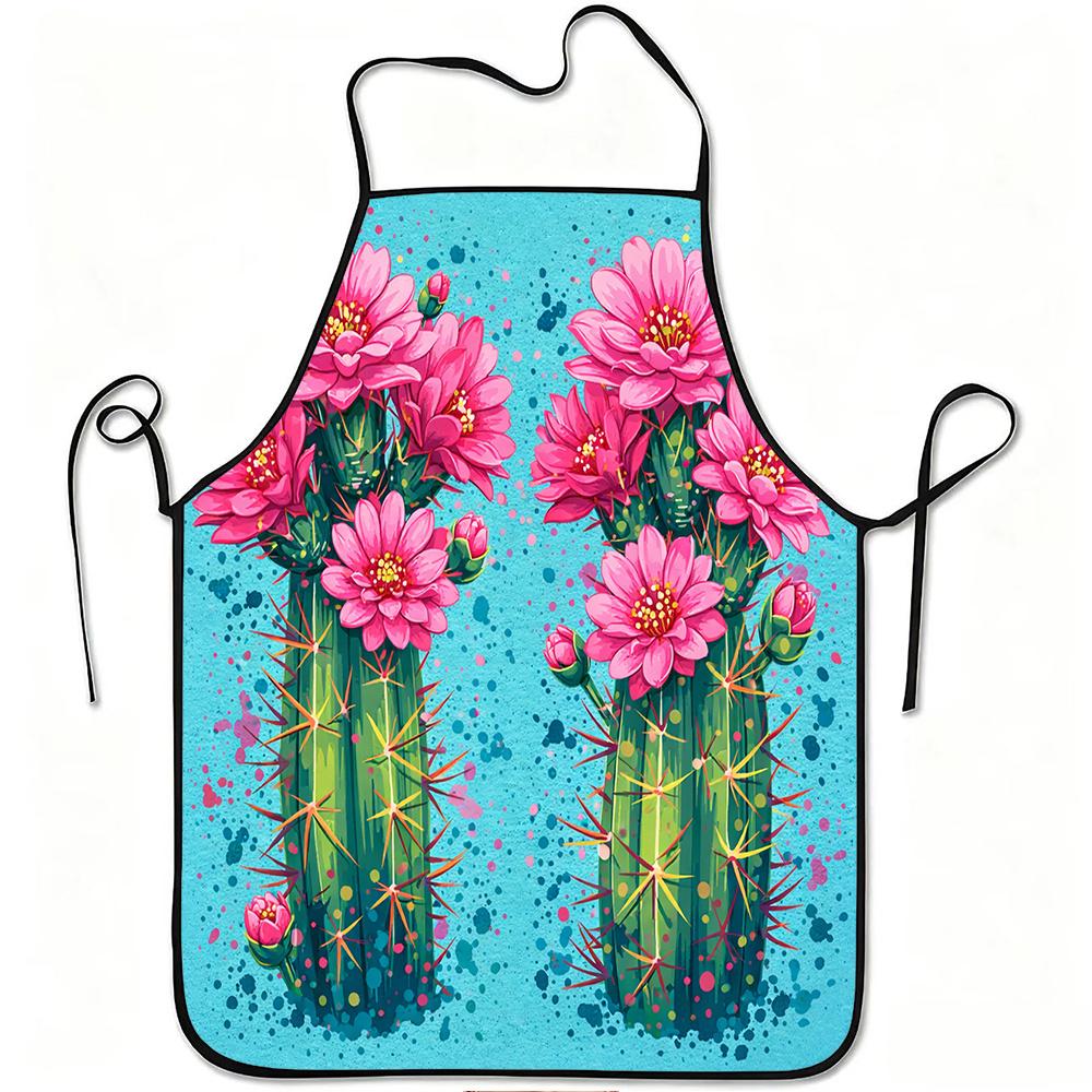 1pc Pink Blooming Cactus Apron with Adjustable Waistband - Cactus Print Suitable for Kitchen Cooking, Gardening, Picking, Durable Easy-Clean Polyester