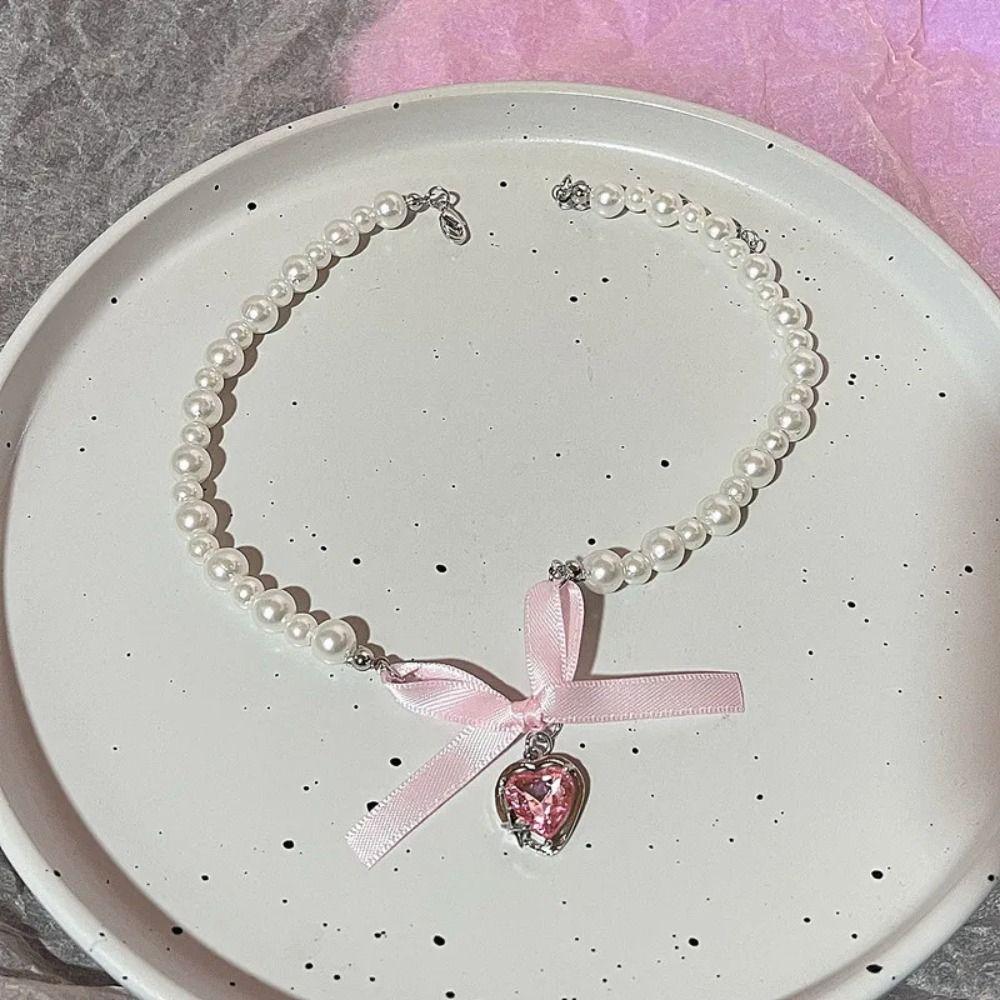 Korean Style Bowknot Pendant Choker Zircon Balletcore Choker Temperament Pink Bow Necklace  Wedding