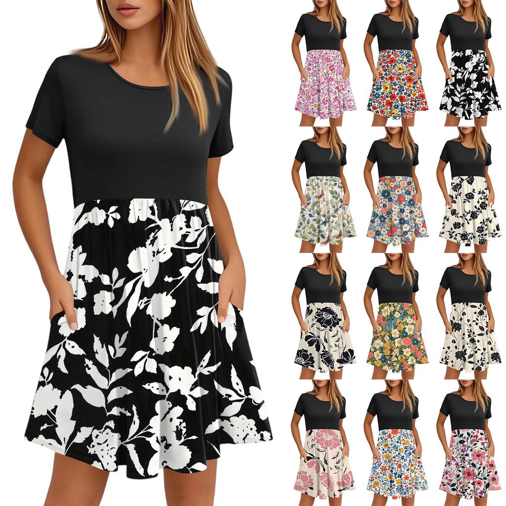 Women's Fashion Casual Loose Round Neck Short Sleeve Printed Pocket Dresses