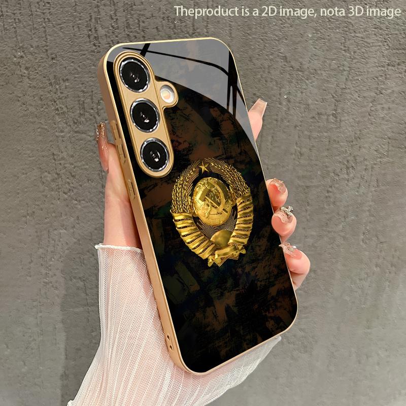 2D чехол для телефона с узором "Золотой герб" для Samsung S26 S25 S24 S23 S22 S21 S20 A56 A36 A16 - Золотая стеклянная защитная крышка