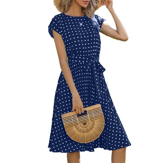 Women Polka Dot Print Midi Dress Crewneck Short Sleeve A-line Dress with Belt Summer Beach Swing Sundress