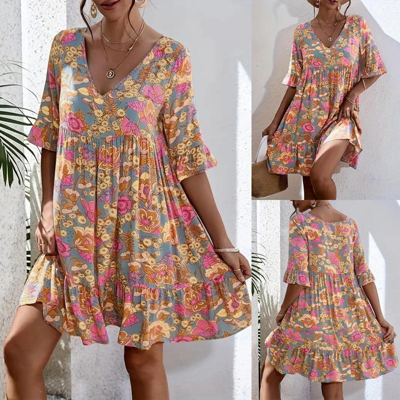 Женское повседневное летнее платье в стиле бохо с V-образным вырезом и цветочным принтом