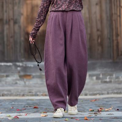 Женские зимние винтажные шаровары, однотонные брюки с эластичной резинкой на талии, женские длинные брюки