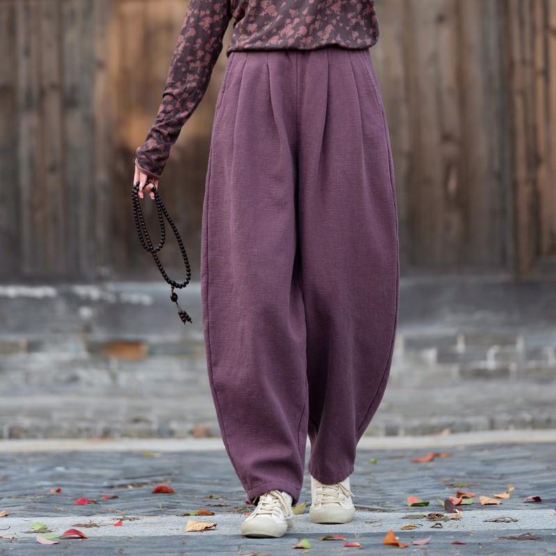 Johnature Women Winter Vintage Bloomers Pants Solid Color Elastic Waist Trousers Female Long Pants