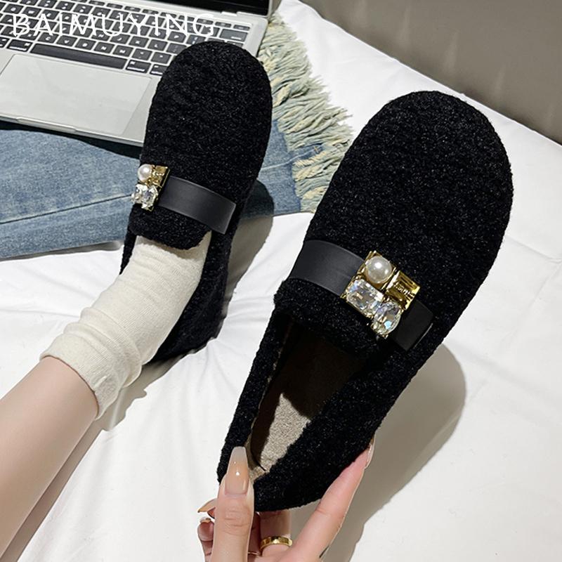 Меховые балетки женские мокасины обувь бисер кристалл дизайнерская повседневная обувь 2025 тренд короткие плюшевые зимние хлопковые сапоги теплые женские ботинки