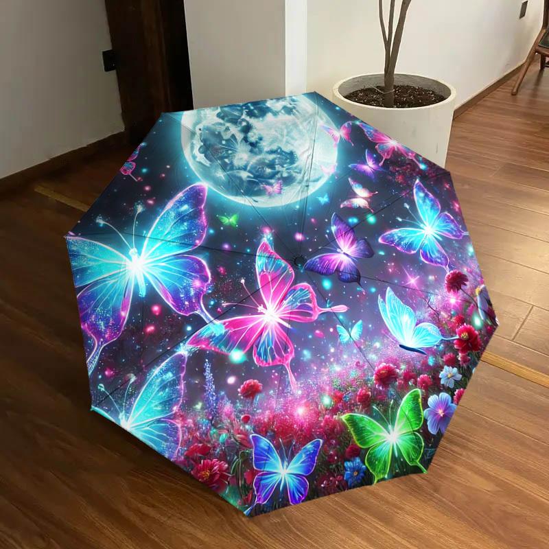 1pc Enchanted Night Garden with Butterflies and Moon Umbrella with Plastic Handle,Suitable for All Seasons Home Travel Outdoor UmbrellaDD1531