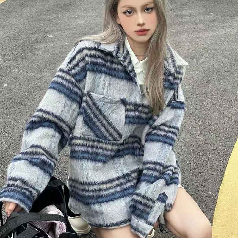 Autumn Artificial Wool Hooded Jacket Women Retro Korean Loose Stripes Casual Tops Harajuku Preppy All-Match Blends Outwear