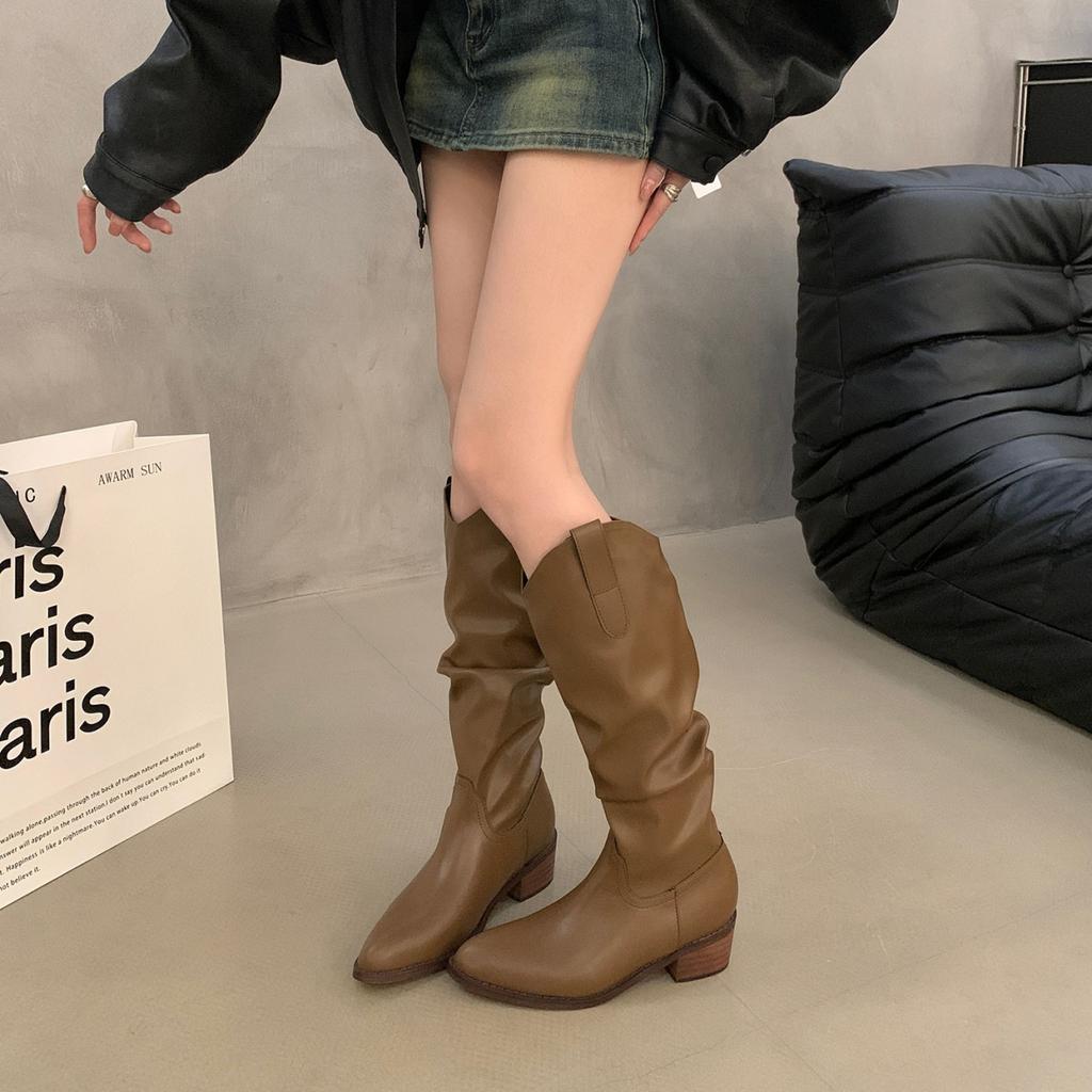 Retro Brown V-mouth Long Boots 2025 Autumn New Thick Heel Suede Tall Knight Boots Popular Western Pile
