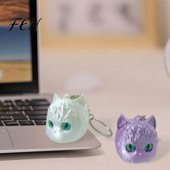 Translucent Eye Cat Charm 3D Printed Head Keychain, Cute Kawaii Kitten Bag with Pearlescent Finish & Bright Keychain Gift Green Eyes, Lightweight