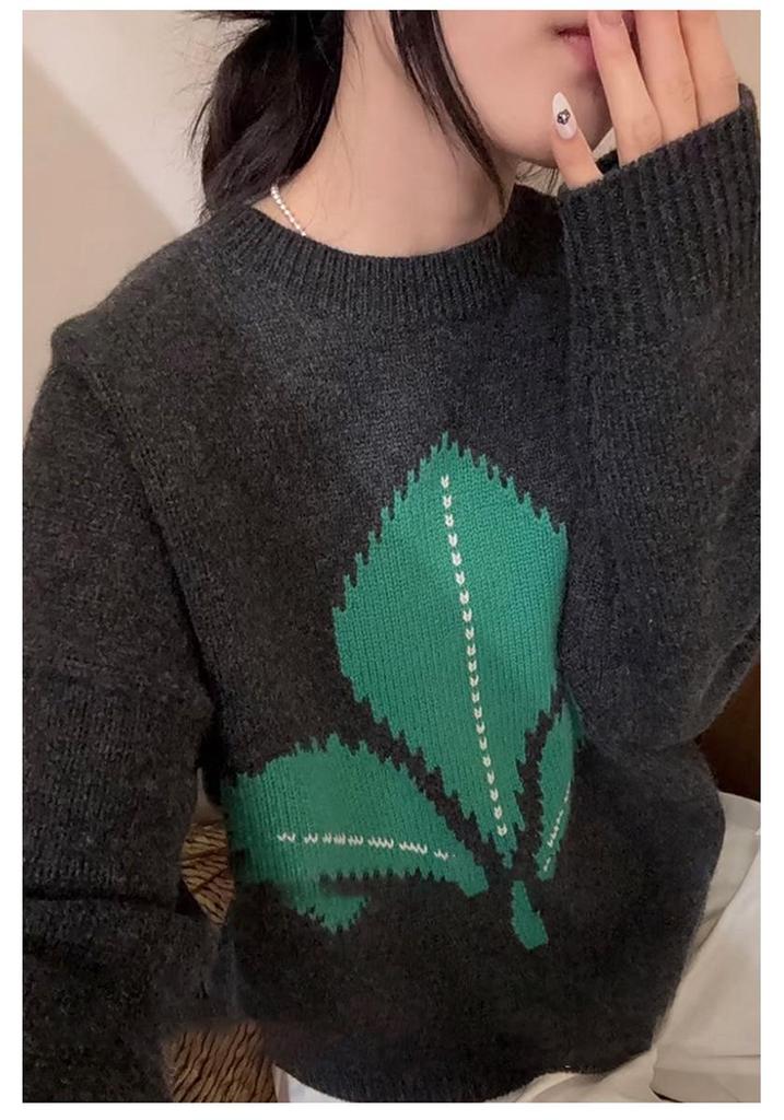 Red Bow Embroidery Knit Top: Women's Round Neck Long Sleeve, 2025 Autumn/Winter Fashion