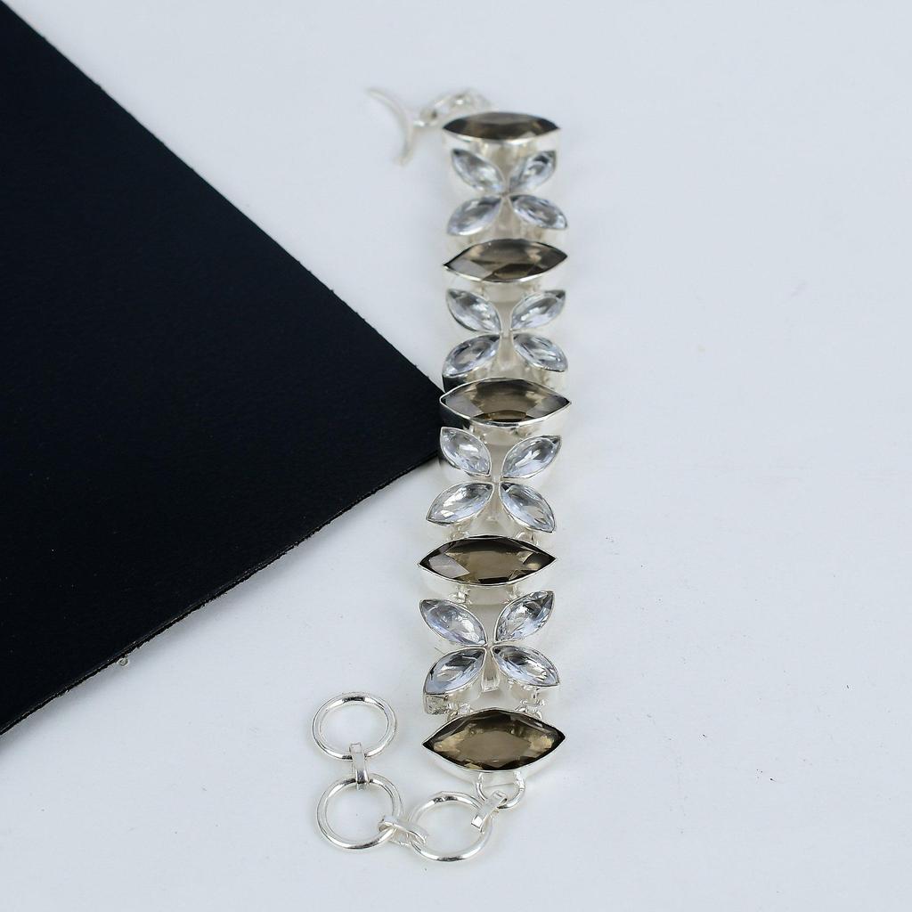 Удивительный браслет из драгоценного камня дымчатый топаз ручной работы из серебра 925 пробы, дымчатый топаз, браслет из белого топаза для жены, браслет унисекс, подарок на день рождения