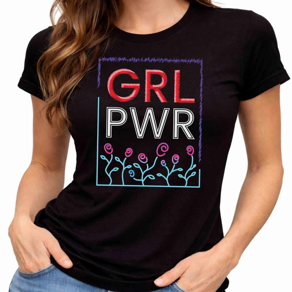 GRL PWR Girl Power Typography Floral Line Art Feminist Vintage Graphic T-Shirt.