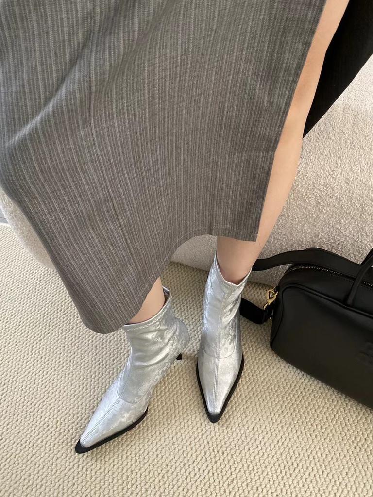 Модные женские ботильоны с острым носком и вышивкой 2024 года, новые поступления, тонкие туфли на среднем каблуке, черные, серебристые, туфли-лодочки для вечеринок, женские размеры 35-39