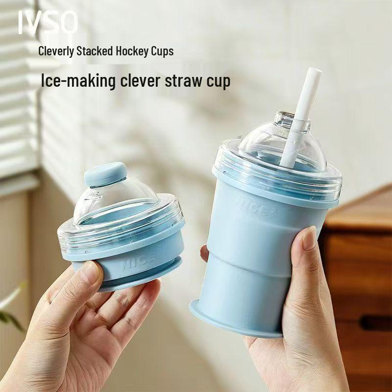 Portable Folding Ice Hockey Cup with Straw & Silicone Ice Cube Tray - Summer Outdoor Tumbler