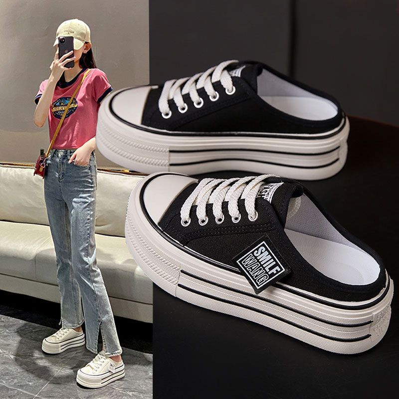 Платформенные парусиновые туфли новые без задника ленивые полушлепанцы на одном педале белые туфли сумка голова полушлепанцы