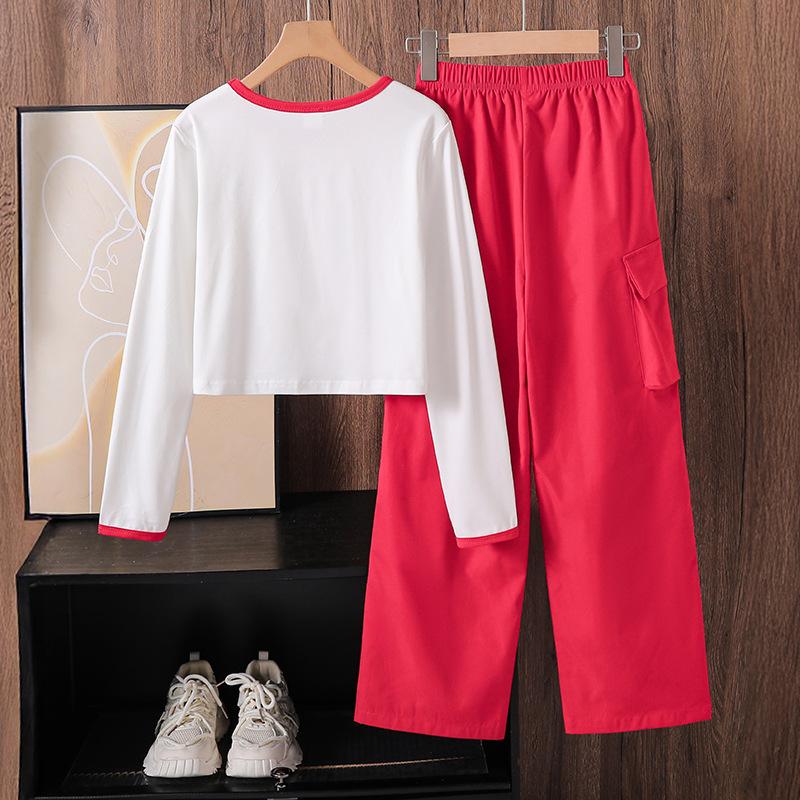 Наряд для девочек Детская одежда Осень Новая мода Принт вишни и букв Повседневная рубашка с длинным рукавом + Брюки карго