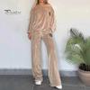 2 Pcs/Set Women Top Pants Suit Velvet Round Neck Bat Sleeves Blouse Wide Leg Solid Color Trousers Sport Casual Outfit Fall Spring Tracksuit