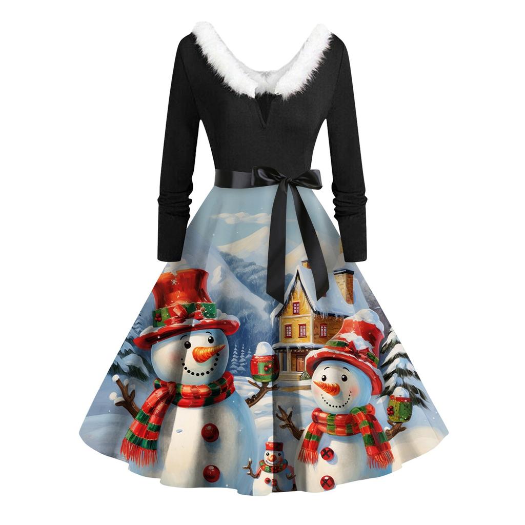 Women Vintage Long Sleeve Christmas Print 1950s Housewife Evening Party Prom Dress