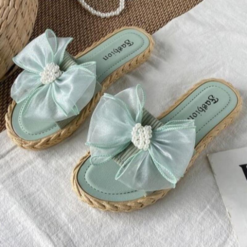 New Arrivals Open Run Ribbon Slippers Pearl Ballet Core Rattan Summer Vacation