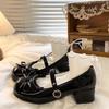 Round Head Cute Bow Lo Shoes Mary Jane Women's Spring New Super Fairy Temperament Sweet Thick Heel Small Leather Shoes