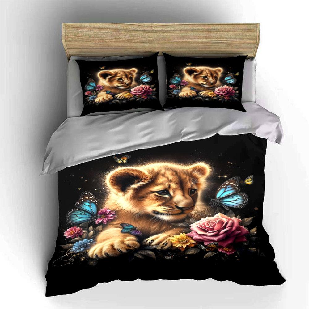 Lion cub, flowers, butterflies. Bedding sets Duvet cover sets Duvet covers Pillowcases(1 * Duvet Cover 2 * Pillowcases without duvet insert)