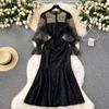 Elegant Sequined Mermaid Party Dresses Women Slim Patchwork Black Mesh Lace Long Flare Sleeve Evening Prom Robe Female Clothing